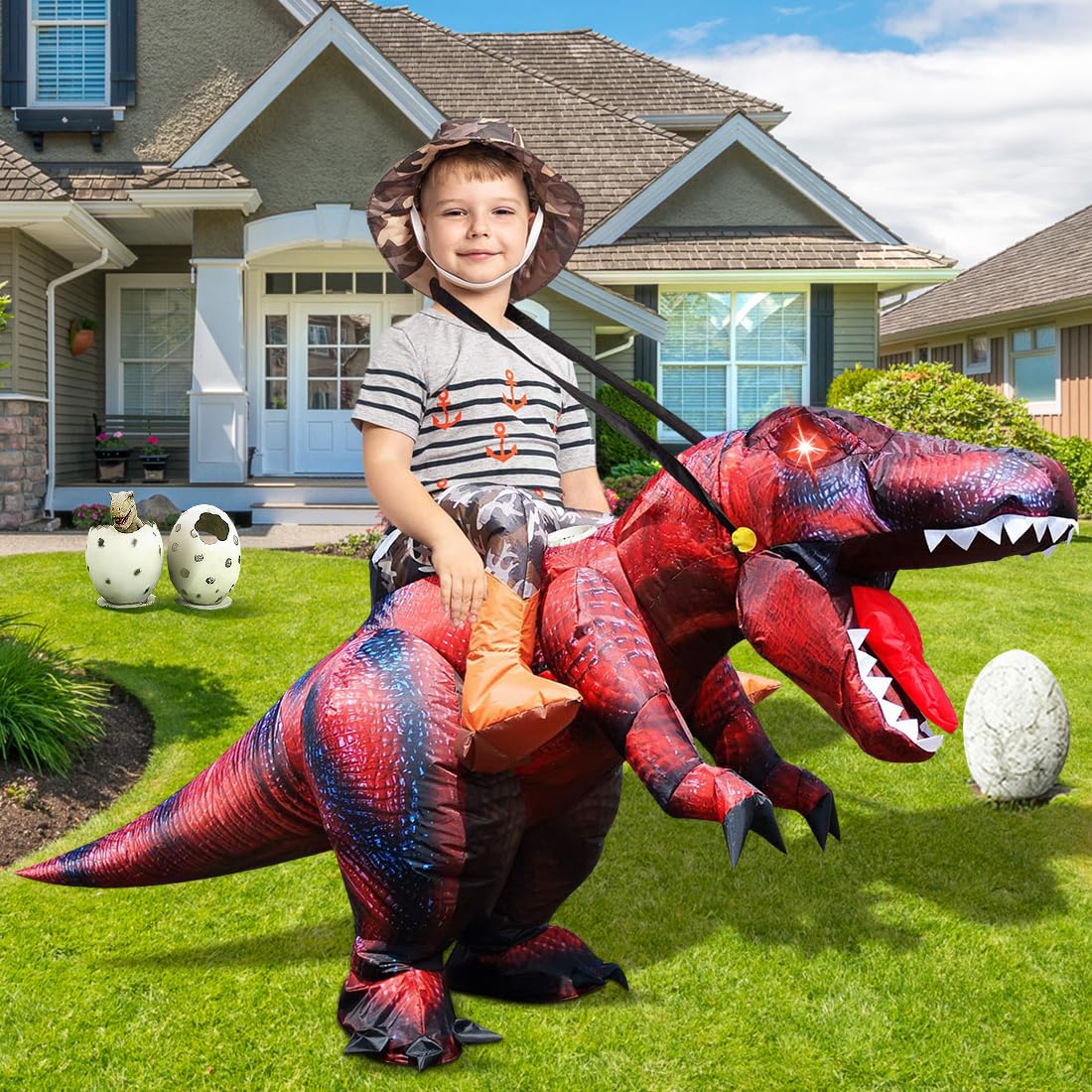 GOOSH Inflatable Dinosaur Costume Kids Halloween Blow up Costumes for Boys Girls Funny Riding T Rex Air Costume for Party Cosplay