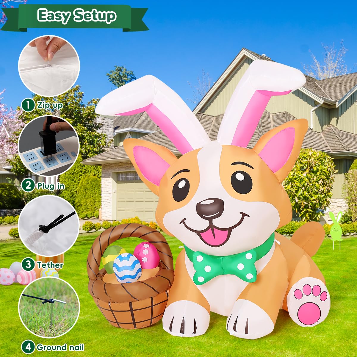 GOOSH 4.5 FT Easter Inflatables Dog Outdoor Decorations Blow Up Yard Cute Puppy in Bunny Hat and Colorful Eggs with Built-in LEDs for Garden Lawn Indoor Decor