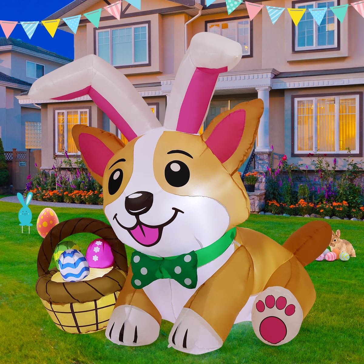 GOOSH 4.5 FT Easter Inflatables Dog Outdoor Decorations Blow Up Yard Cute Puppy in Bunny Hat and Colorful Eggs with Built-in LEDs for Garden Lawn Indoor Decor