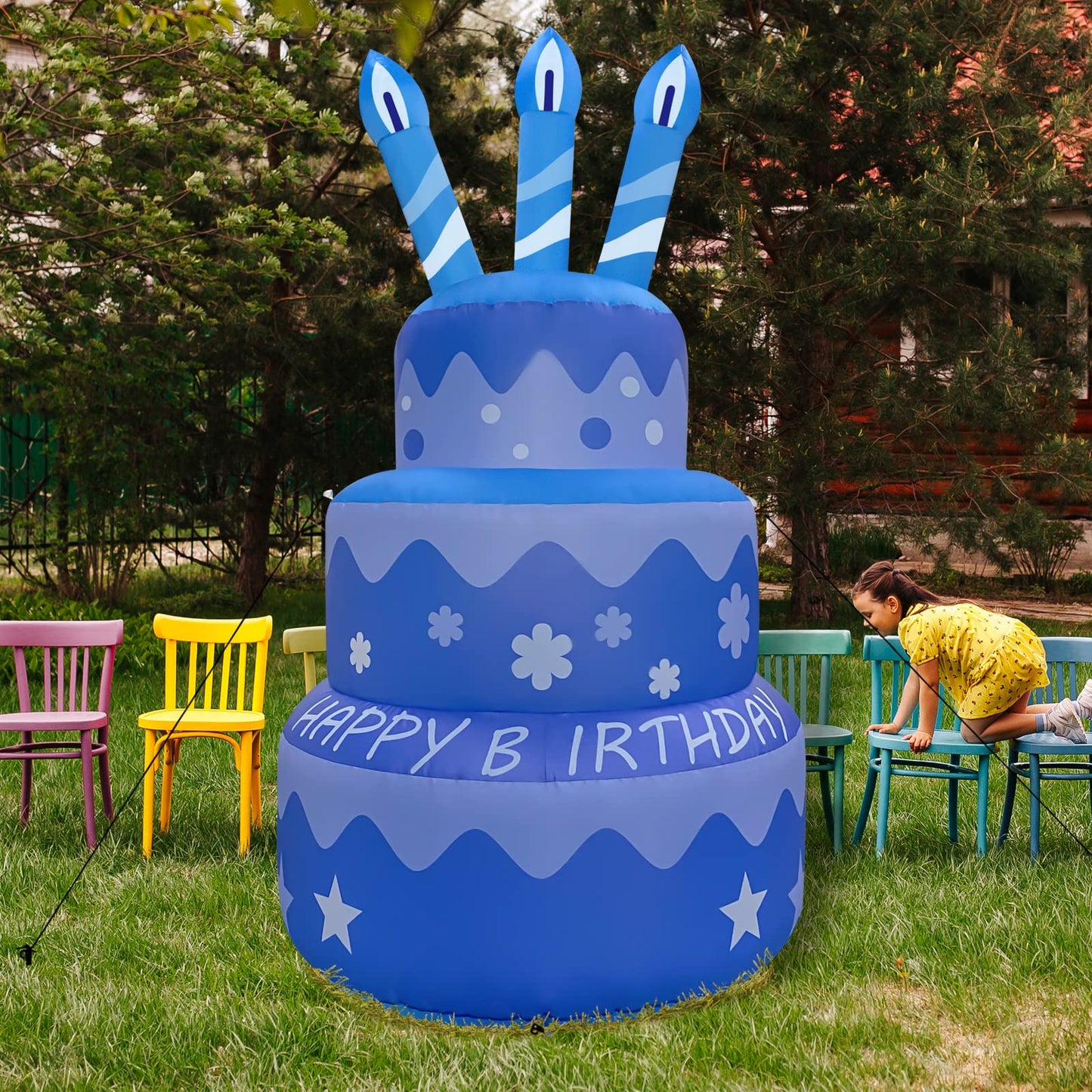 GOOSH Birthday Inflatables Outdoor Decorations Cake with Candle, Happy Birthday Blow Up Yard Decorations 5.5FT with Colorful Rotating LED Lights for Party Yard Garden Lawn (Blue)