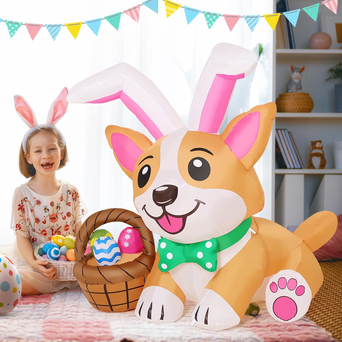 GOOSH 4.5 FT Easter Inflatables Dog Outdoor Decorations Blow Up Yard Cute Puppy in Bunny Hat and Colorful Eggs with Built-in LEDs for Garden Lawn Indoor Decor