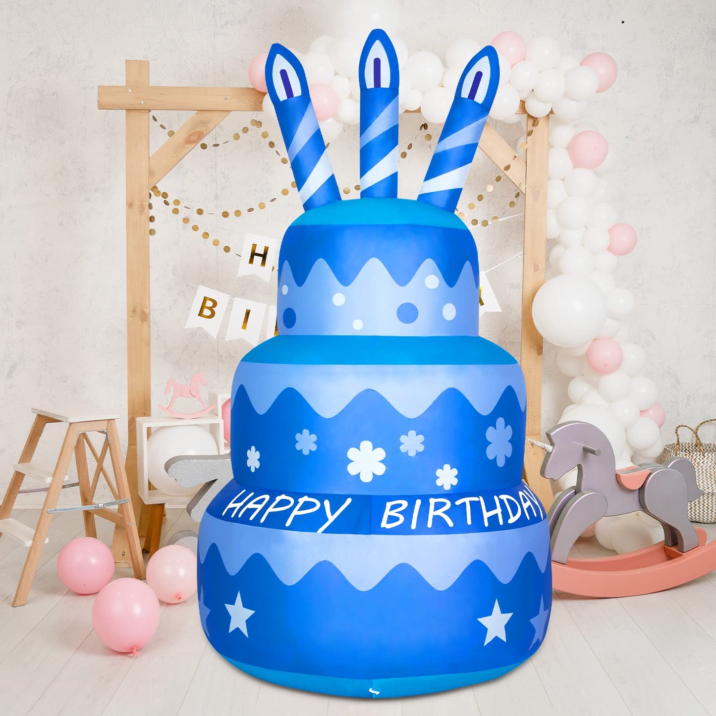 GOOSH Birthday Inflatables Outdoor Decorations Cake with Candle, Happy Birthday Blow Up Yard Decorations 5.5FT with Colorful Rotating LED Lights for Party Yard Garden Lawn (Blue)