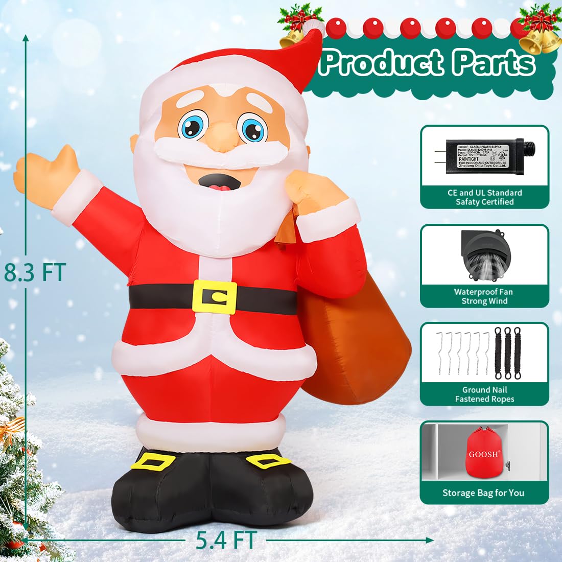GOOSH 8.3 FT Christmas Inflatables Santa Claus Outdoor Decorations Blow Up Yard Santa Claus with Big Bag with Built-in LEDs for Garden Lawn Indoor Party Decor