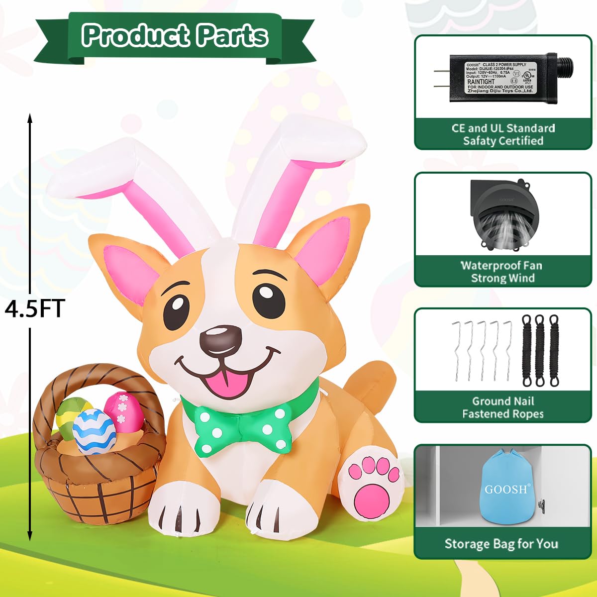 GOOSH 4.5 FT Easter Inflatables Dog Outdoor Decorations Blow Up Yard Cute Puppy in Bunny Hat and Colorful Eggs with Built-in LEDs for Garden Lawn Indoor Decor