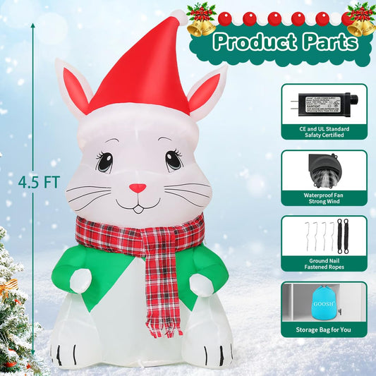 GOOSH 4.5 FT Christmas Inflatable Outdoor Decoration Blow Up Bunny Outdoor Christmas Yard Decoration Blow Up Outdoor Party Garden Yard