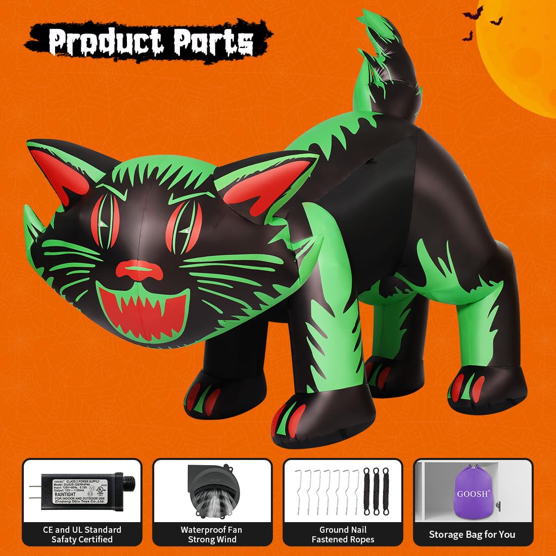 GOOSH 7 FT Halloween Inflatables Cat Outdoor Decorations Blow Up Yard Cat with Shakable Head with Built-in LEDs for Indoor Party Garden Lawn Decor