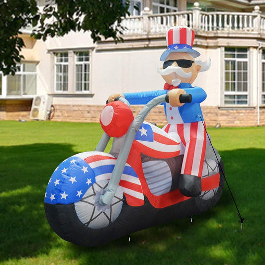 GOOSH 6 ft long Patriotic Independence Day Inflatable Uncle Sam Sitting on Motorcycle Blowup Inflatables with Build-in LED Lights for Party Indoor,Outdoor,Yard,Garden,Lawn Decorations 5 Instructions