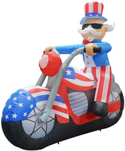 Load image into Gallery viewer, 6 ft long Patriotic Independence Day Inflatable Uncle Sam Sitting on Motorcycle Blowup Inflatables with Build-in LED Lights for Party Indoor,Outdoor,Yard,Garden,Lawn Decorations 5 Instructions
