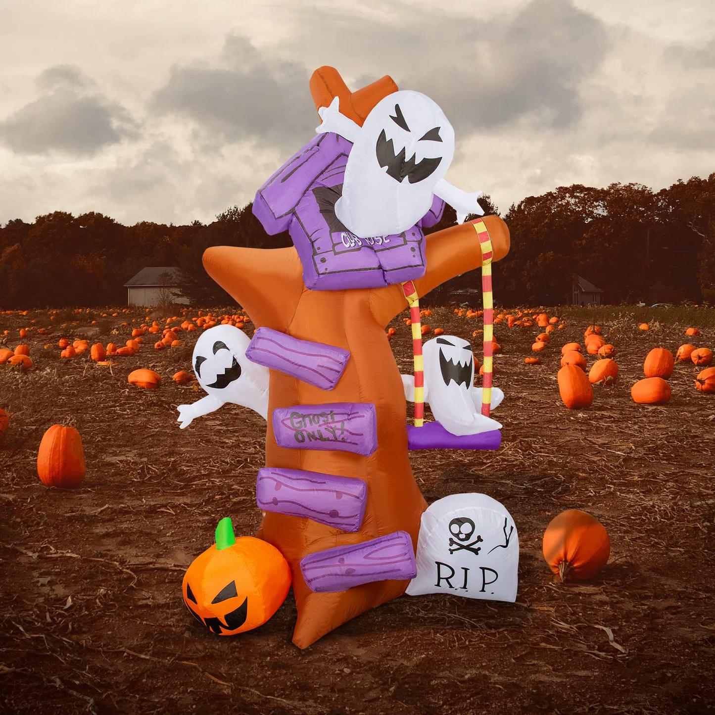 GOOSH 8 FT Height Halloween Inflatables Outdoor Ghost Tree with Ghost Pumpkin & Tombstone, Blow Up Yard Decoration Clearance with LED Lights Built-in for Holiday/Christmas/Party/Yard/Garden