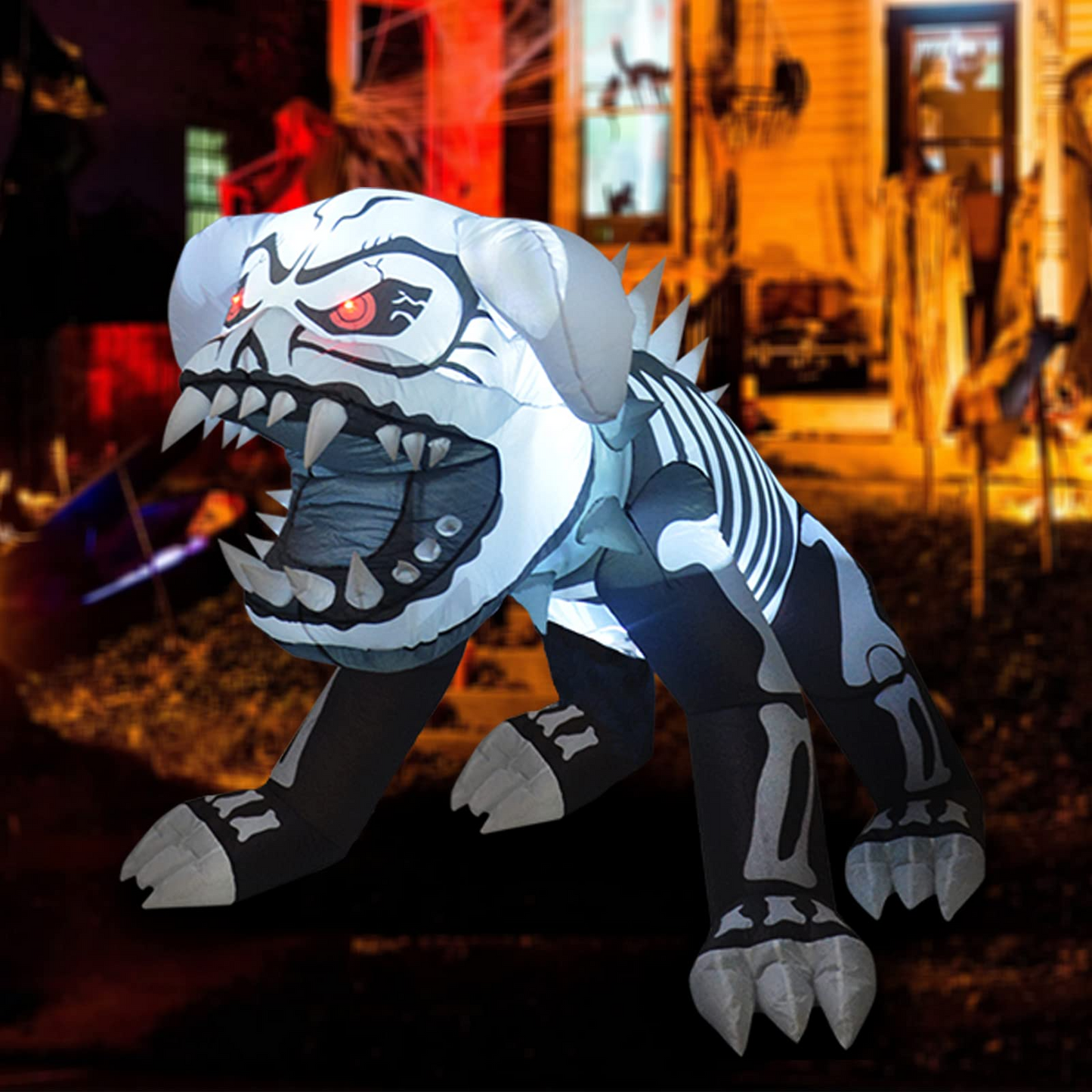 GOOSH 5 Feet Length Halloween Inflatable Puppy Skeleton Dog with Built-in Flashing Red F5 Lights, Blow Up Yard Decoration Clearance with LED Lights Built-in for Holiday/Party/Yard/Garden