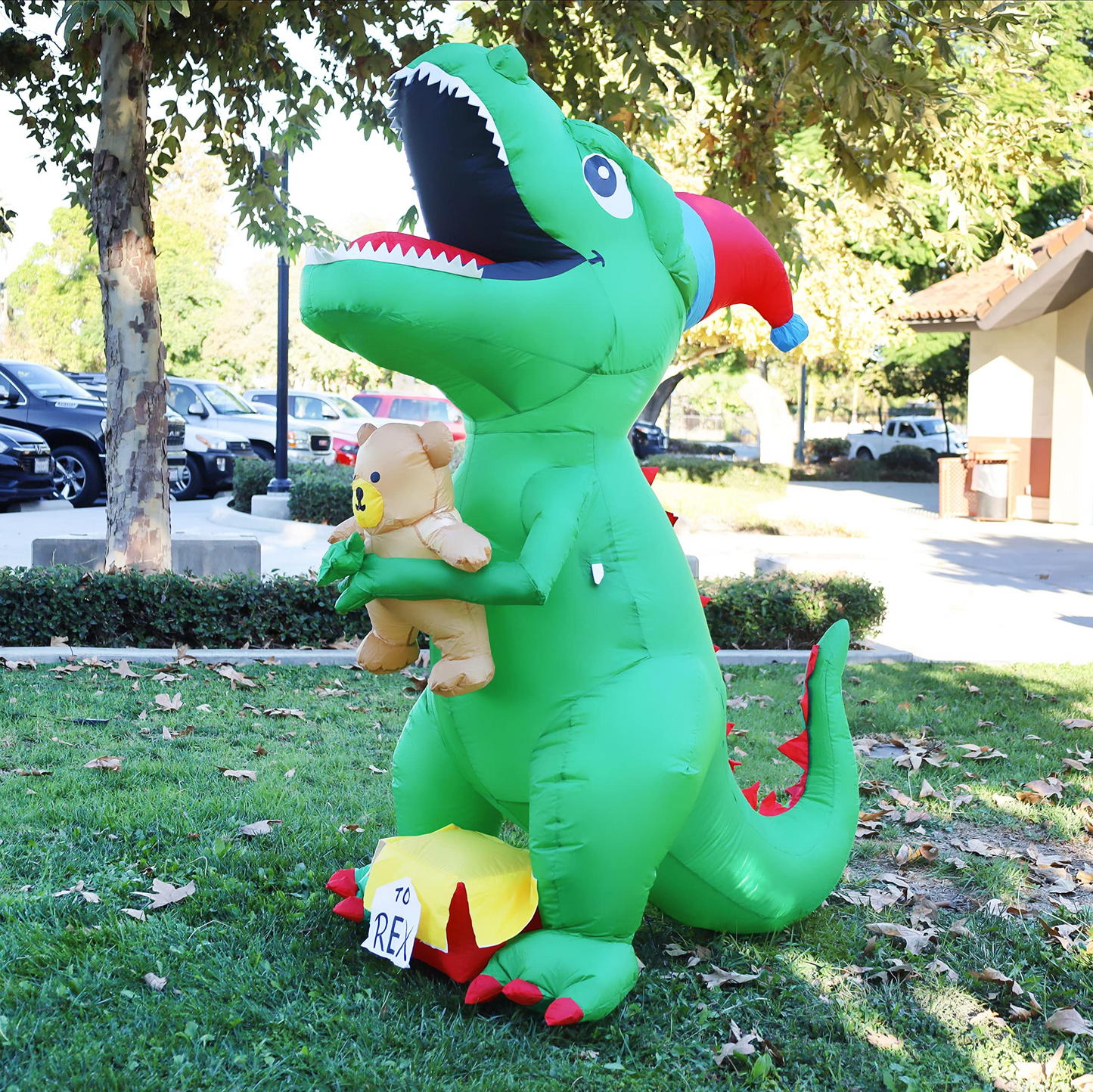 GOOSH 7Ft High Christmas Inflatable Dinosaur with Build-in LED Light Blow up Yard Decoration, Indoor Outdoor Party Garden Christmas Decoration.