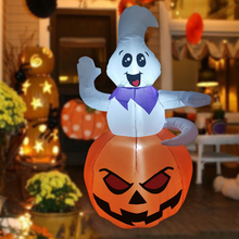 Load image into Gallery viewer, GOOSH 5 FT Halloween Inflatable Outdoor Ghost Sitting on The Pumpkin, Blow Up Yard Decoration Clearance with LED Lights Built-in for Holiday/Party/Yard/Garden
