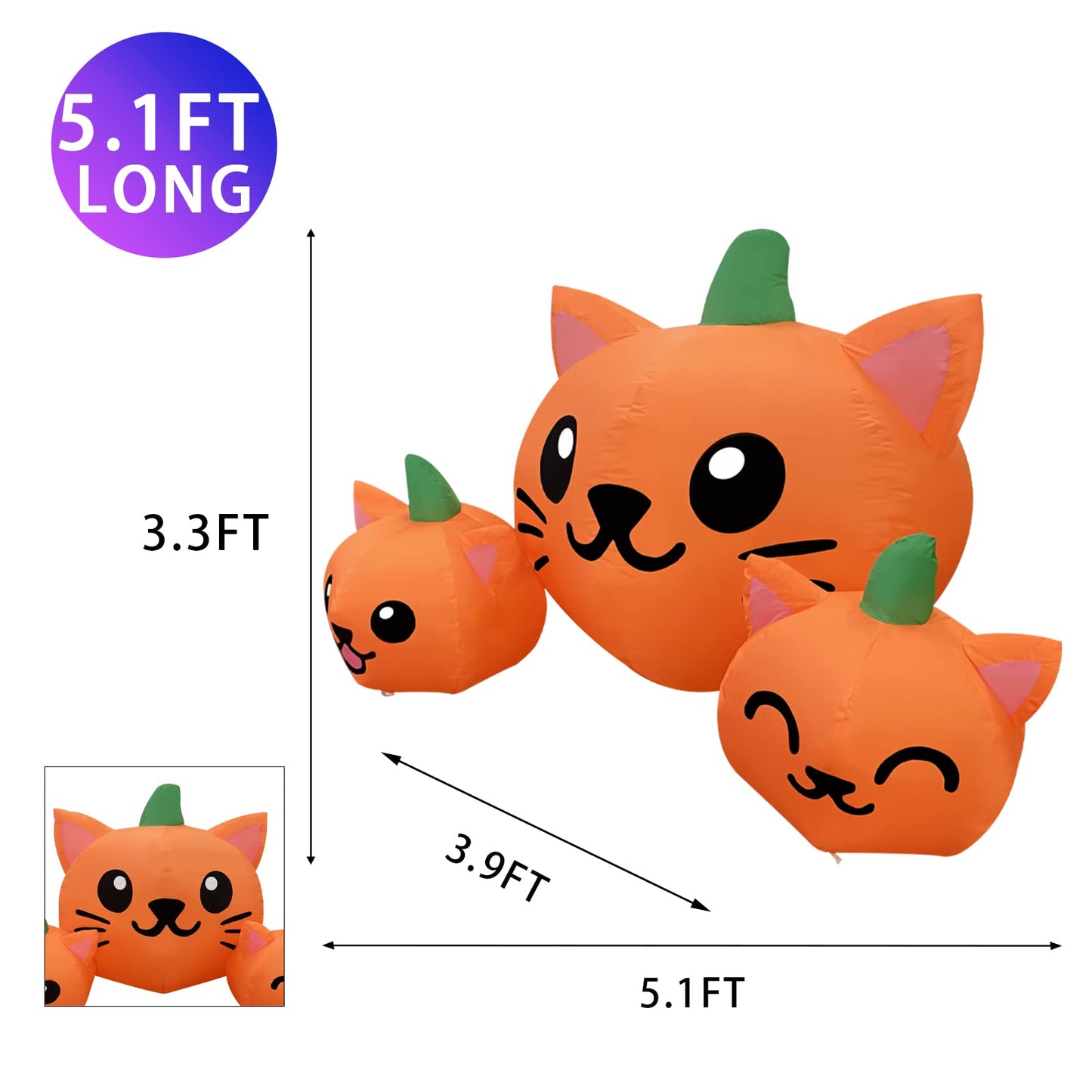 Halloween Inflatable 4FT Long Three Pumpkin Cat Head Combo with Built-in LEDs Blow Up Yard Decoration for Holiday Party Indoor, Outdoor, Yard, Garden, Lawn