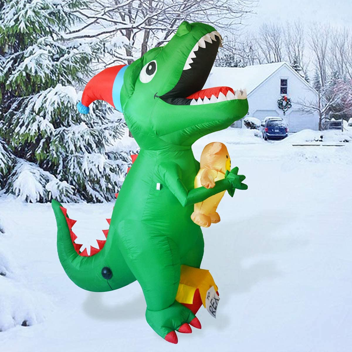 GOOSH 7Ft High Christmas Inflatable Dinosaur with Build-in LED Light Blow up Yard Decoration, Indoor Outdoor Party Garden Christmas Decoration.