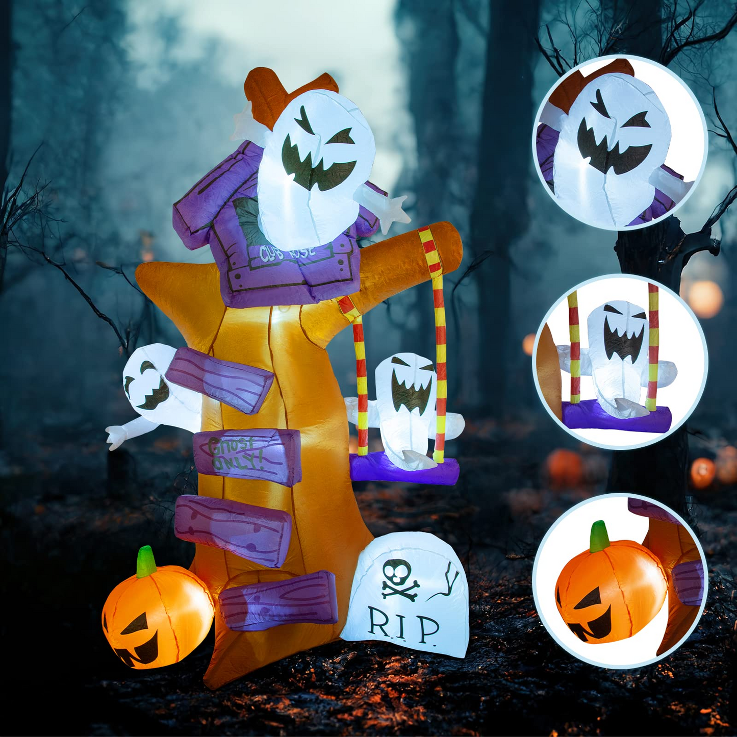 GOOSH 8 FT Height Halloween Inflatables Outdoor Ghost Tree with Ghost Pumpkin & Tombstone, Blow Up Yard Decoration Clearance with LED Lights Built-in for Holiday/Christmas/Party/Yard/Garden