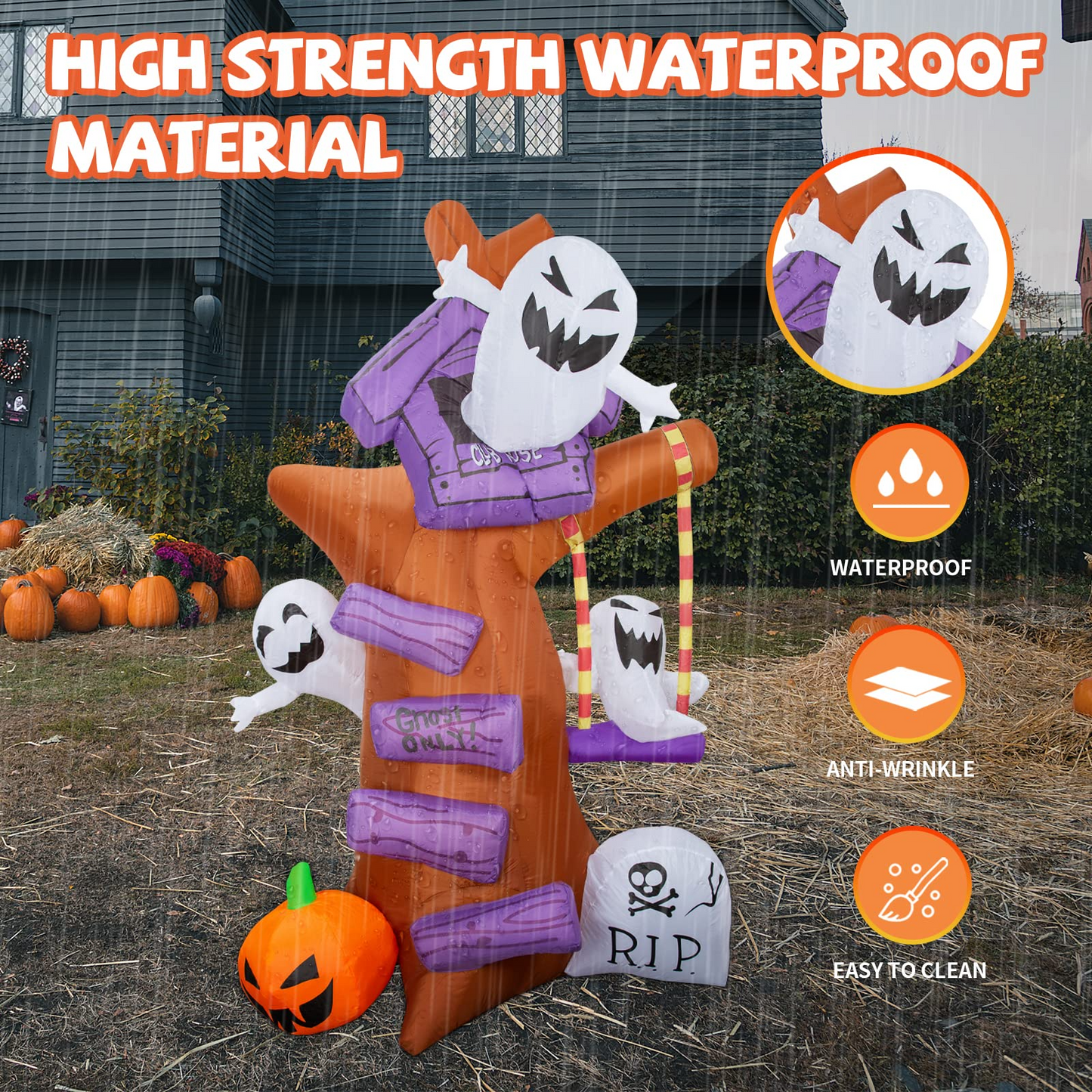GOOSH 8 FT Height Halloween Inflatables Outdoor Ghost Tree with Ghost Pumpkin & Tombstone, Blow Up Yard Decoration Clearance with LED Lights Built-in for Holiday/Christmas/Party/Yard/Garden