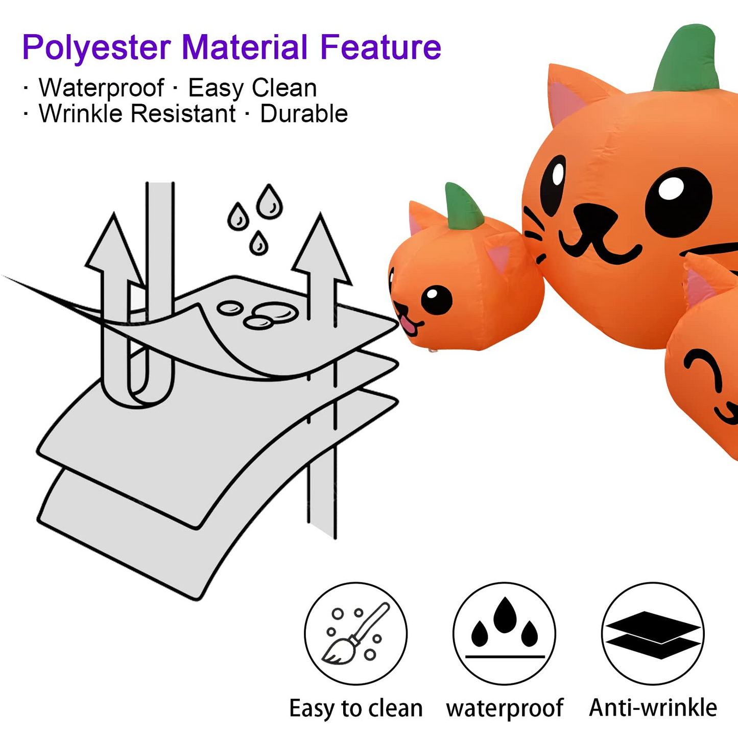 Halloween Inflatable 4FT Long Three Pumpkin Cat Head Combo with Built-in LEDs Blow Up Yard Decoration for Holiday Party Indoor, Outdoor, Yard, Garden, Lawn