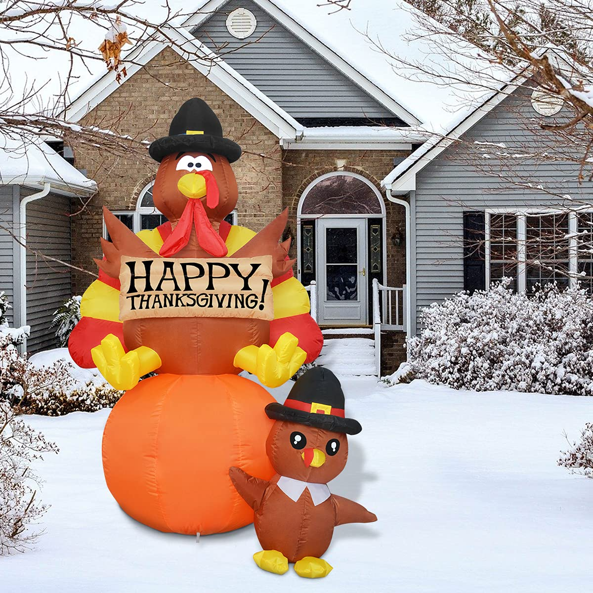 GOOSH 6 FT Thanksgiving Inflatables Turkey Outdoor Decorations Blow Up Yard Turkey on Pumpkin with Turkey Baby with Built-in LEDs for Indoor Party Garden Lawn Decor