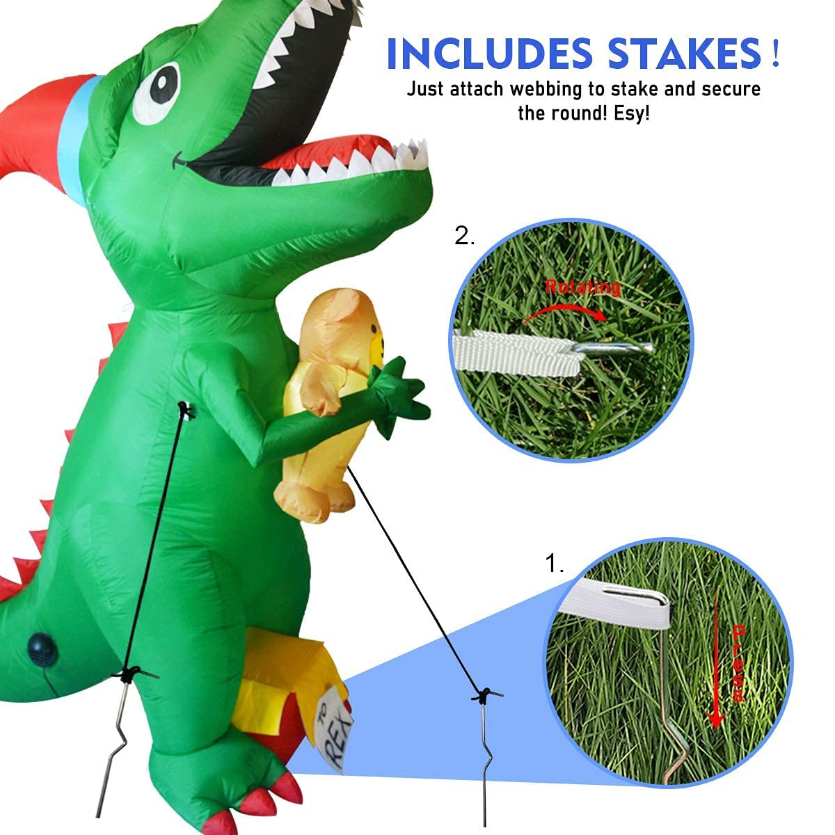 GOOSH 7Ft High Christmas Inflatable Dinosaur with Build-in LED Light Blow up Yard Decoration, Indoor Outdoor Party Garden Christmas Decoration.