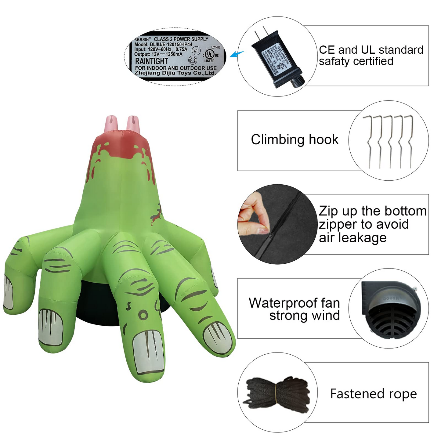 GOOSH 6 FT Halloween Inflatables Hand Outdoor Decorations Blow Up Yard Scary Green Giant with Built-in LEDs for Indoor Party Garden Lawn Decor