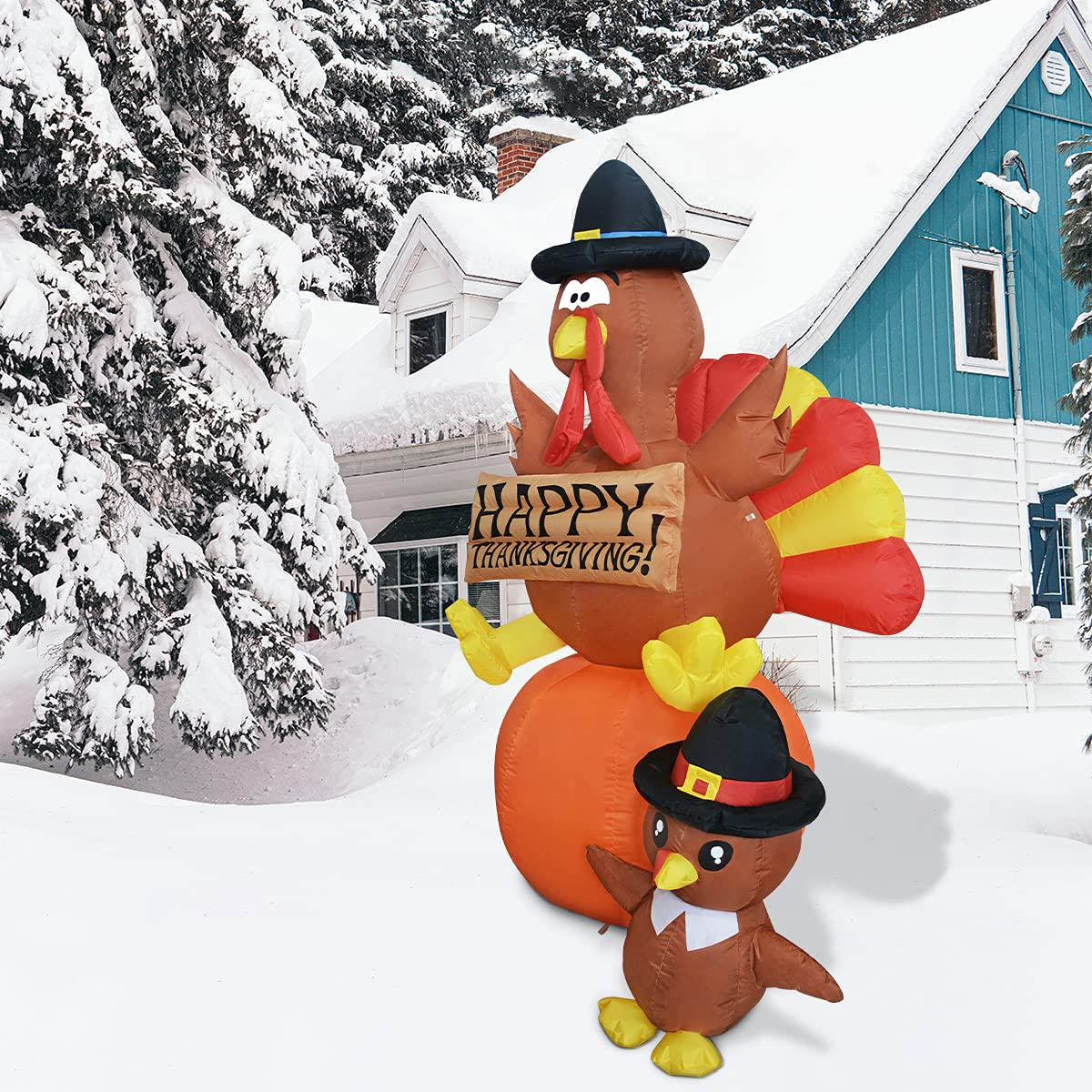 GOOSH 6 FT Thanksgiving Inflatables Turkey Outdoor Decorations Blow Up Yard Turkey on Pumpkin with Turkey Baby with Built-in LEDs for Indoor Party Garden Lawn Decor