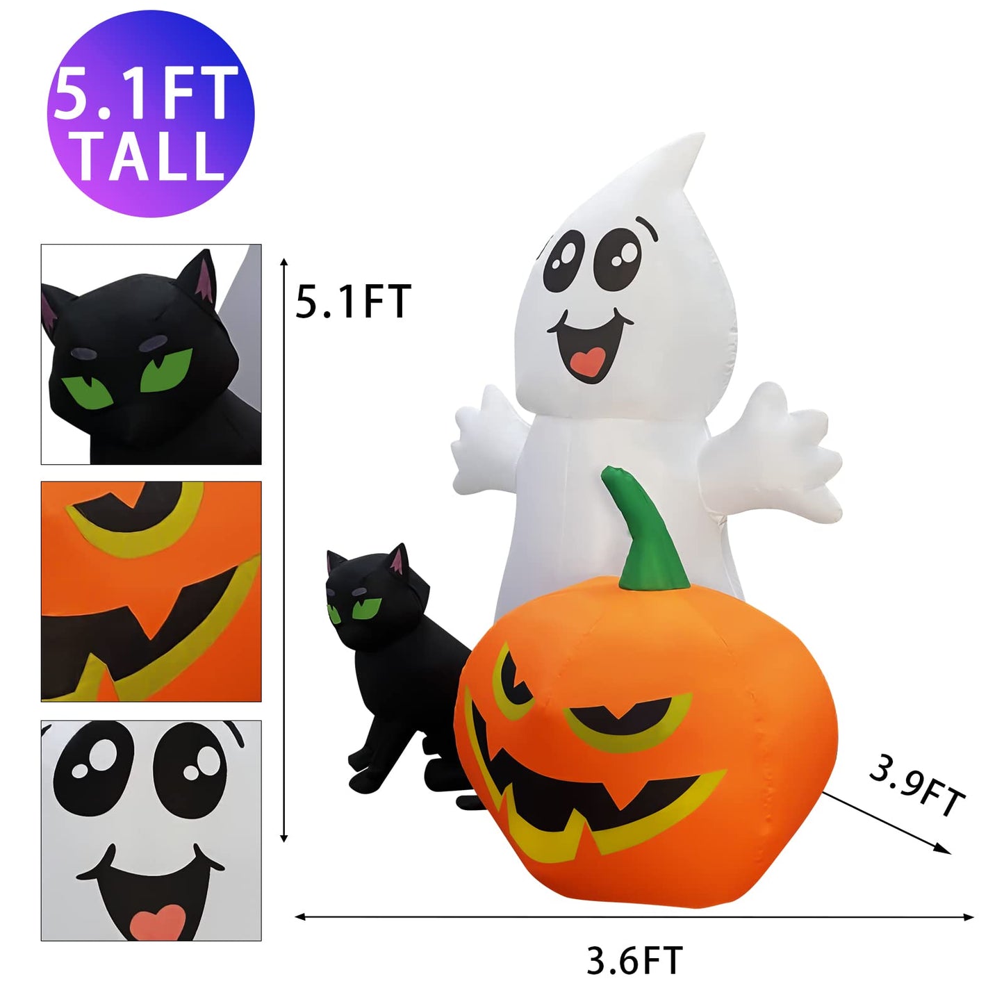 GOOSH Halloween Inflatable 5FT Ghost with Black Cat and Pumpkin, Built-in LEDs Blow Up Yard Decoration for Party Outdoor Yard Garden Lawn