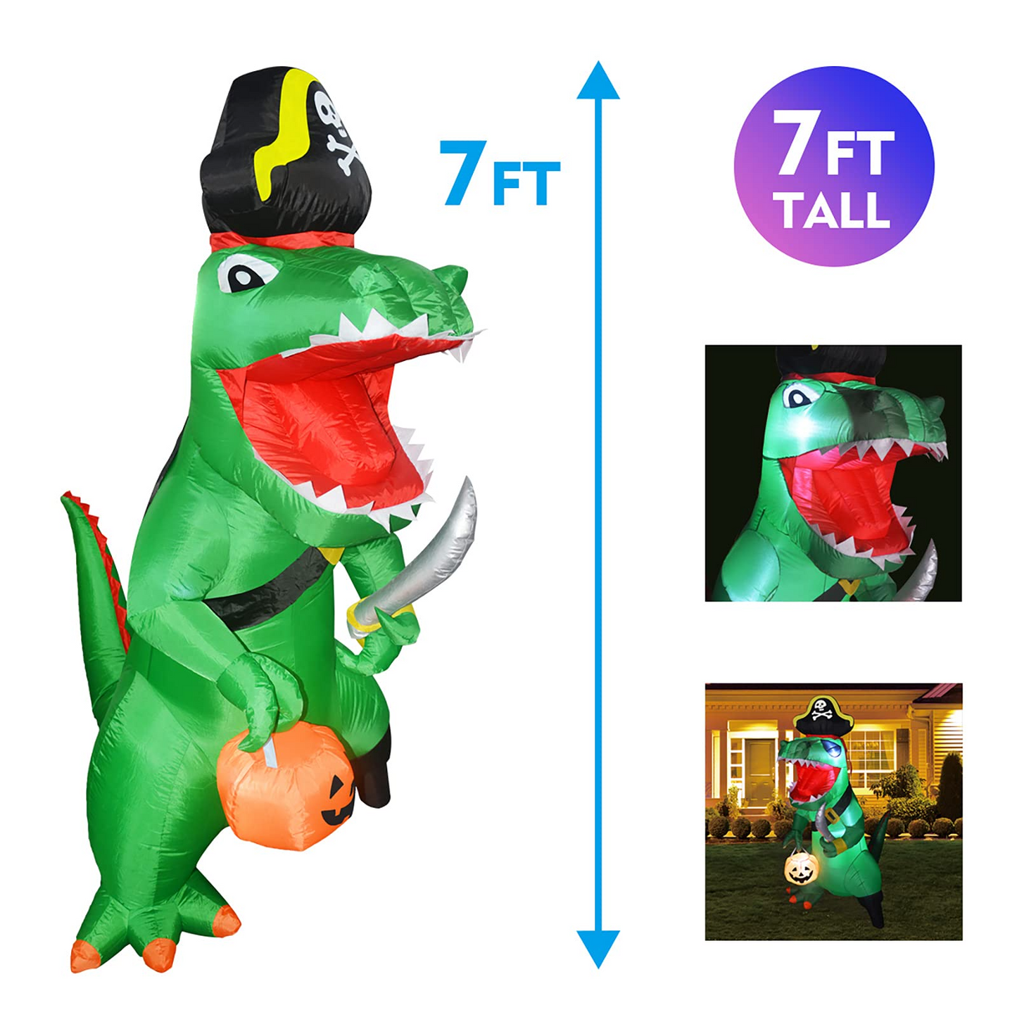 GOOSH 7 FT Halloween Inflatables Dinosaur Outdoor Decorations Blow Up Yard Pirate Dinosaur with Pumpkin Decoration with Built-in LEDs for Indoor Party Garden Lawn Decor