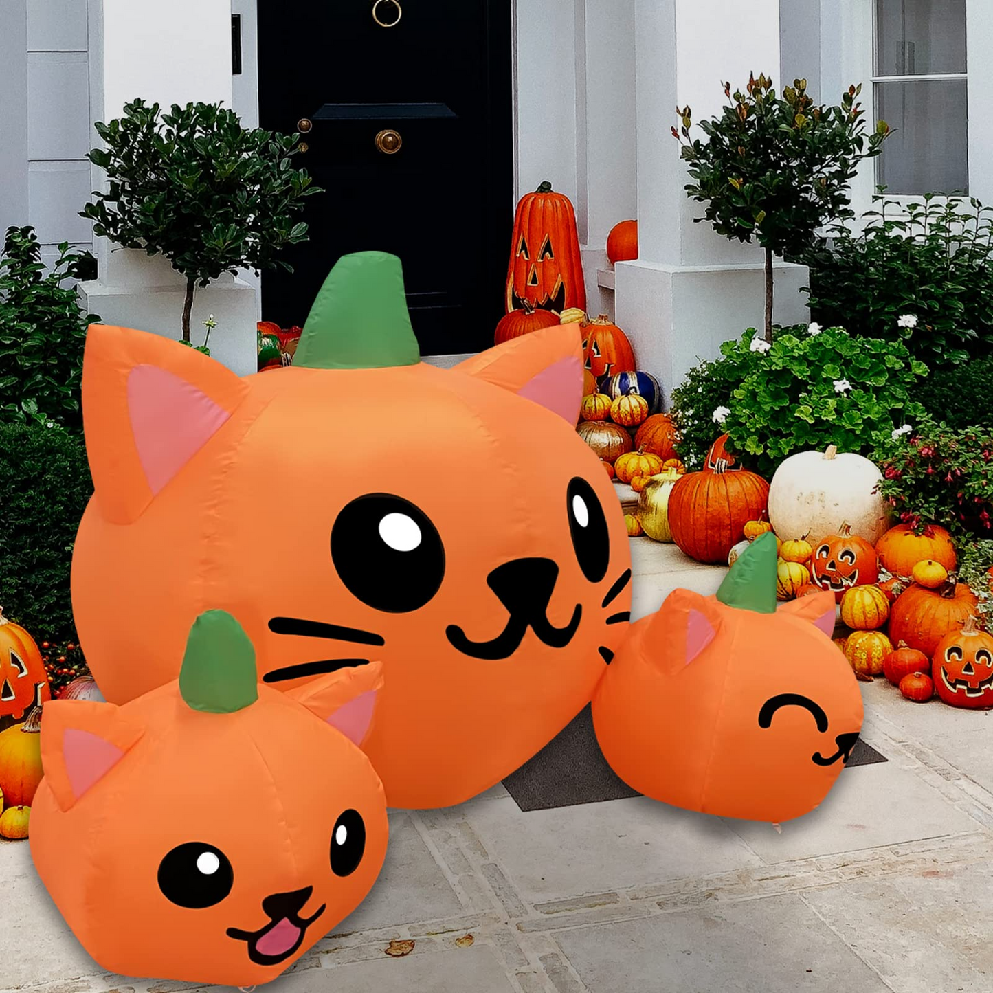 Halloween Inflatable 4FT Long Three Pumpkin Cat Head Combo with Built-in LEDs Blow Up Yard Decoration for Holiday Party Indoor, Outdoor, Yard, Garden, Lawn