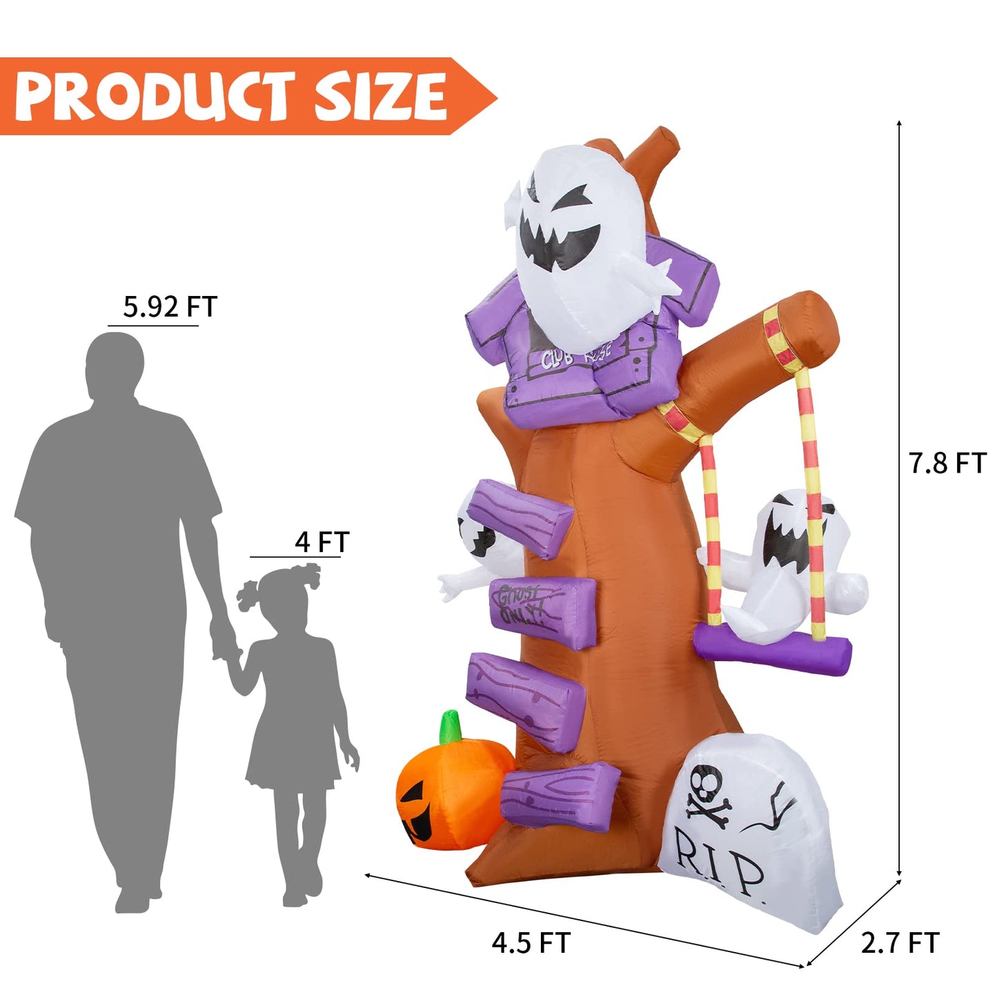 GOOSH 8 FT Height Halloween Inflatables Outdoor Ghost Tree with Ghost Pumpkin & Tombstone, Blow Up Yard Decoration Clearance with LED Lights Built-in for Holiday/Christmas/Party/Yard/Garden