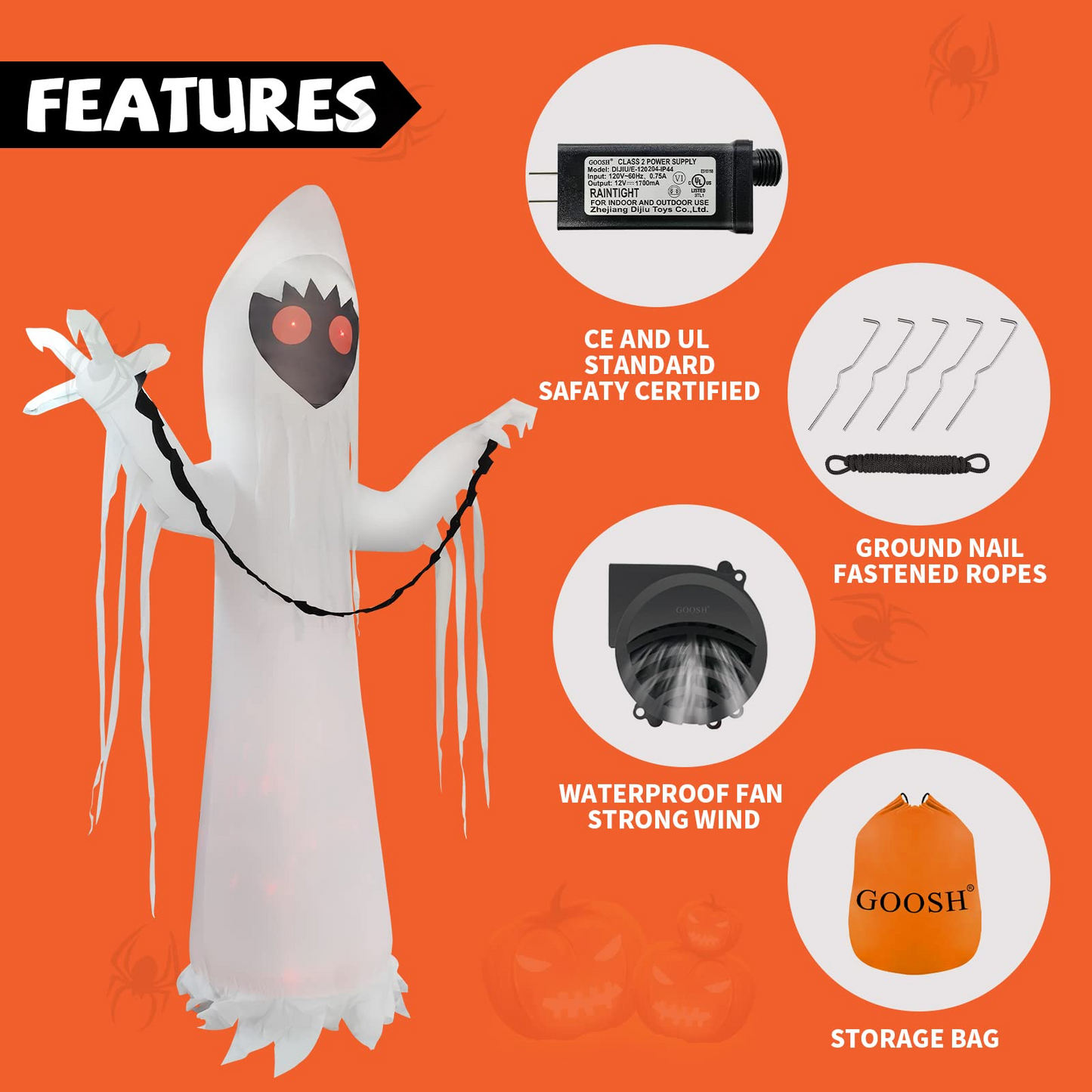 GOOSH 12Foot Tall Halloween Inflatable Black face Ghost Yard Decoration, Indoor Outdoor Garden Halloween Decoration
