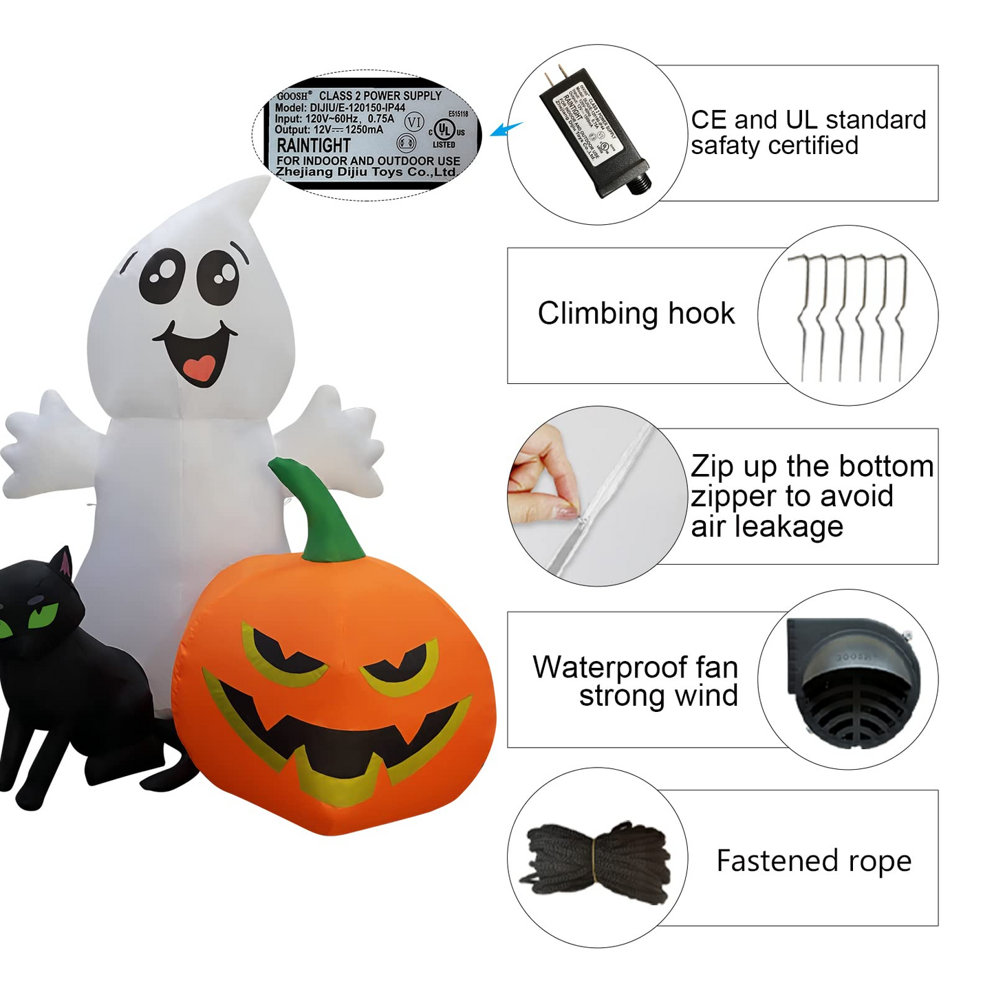 GOOSH Halloween Inflatable 5FT Ghost with Black Cat and Pumpkin, Built-in LEDs Blow Up Yard Decoration for Party Outdoor Yard Garden Lawn