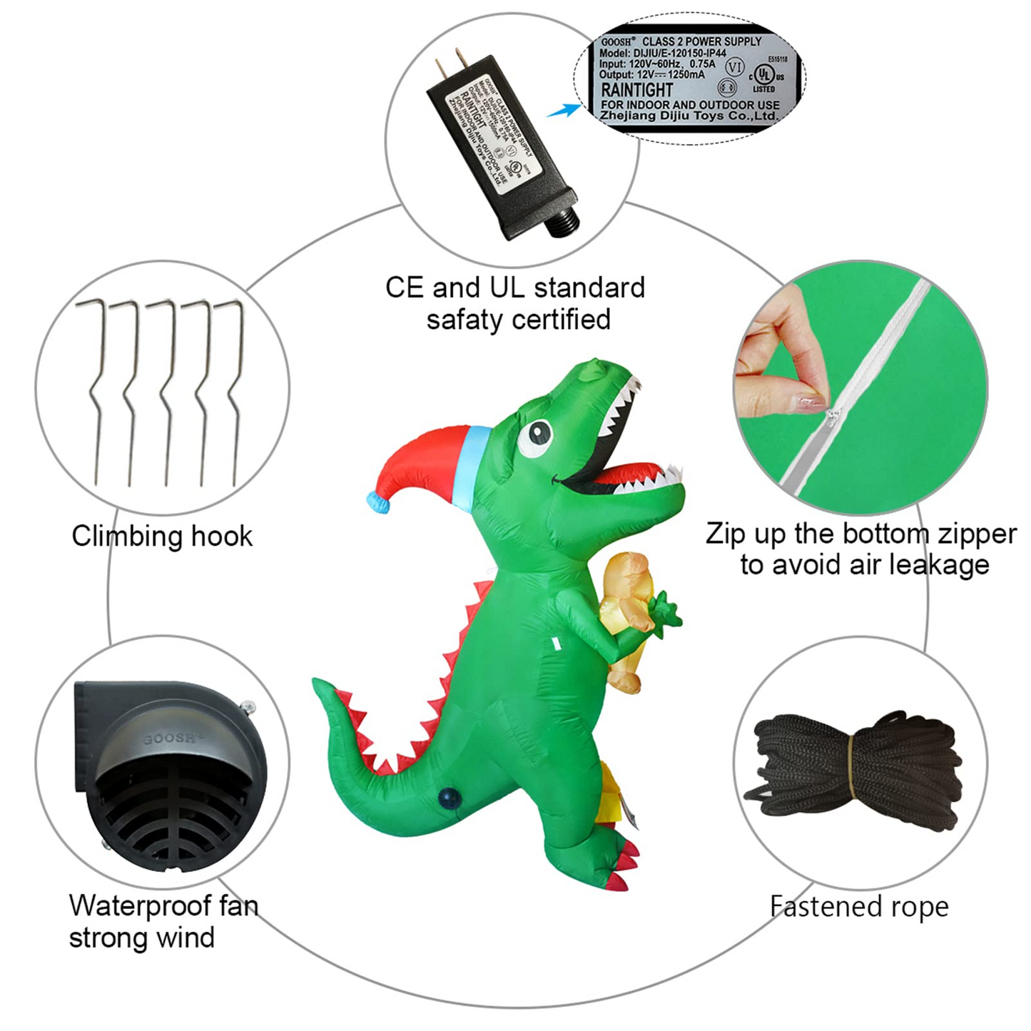 GOOSH 7Ft High Christmas Inflatable Dinosaur with Build-in LED Light Blow up Yard Decoration, Indoor Outdoor Party Garden Christmas Decoration.