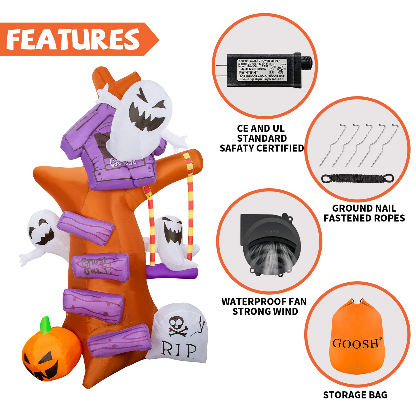 GOOSH 8 FT Height Halloween Inflatables Outdoor Ghost Tree with Ghost Pumpkin & Tombstone, Blow Up Yard Decoration Clearance with LED Lights Built-in for Holiday/Christmas/Party/Yard/Garden