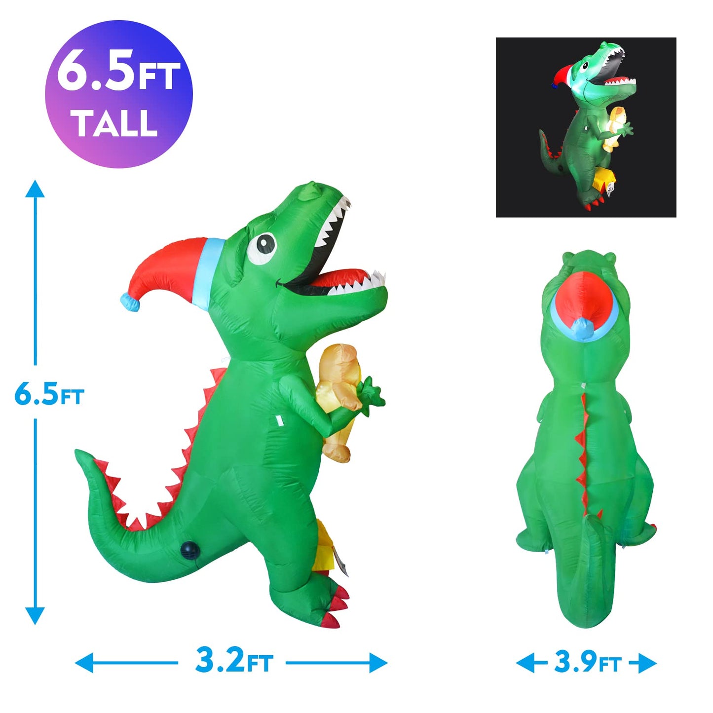 GOOSH 7Ft High Christmas Inflatable Dinosaur with Build-in LED Light Blow up Yard Decoration, Indoor Outdoor Party Garden Christmas Decoration.
