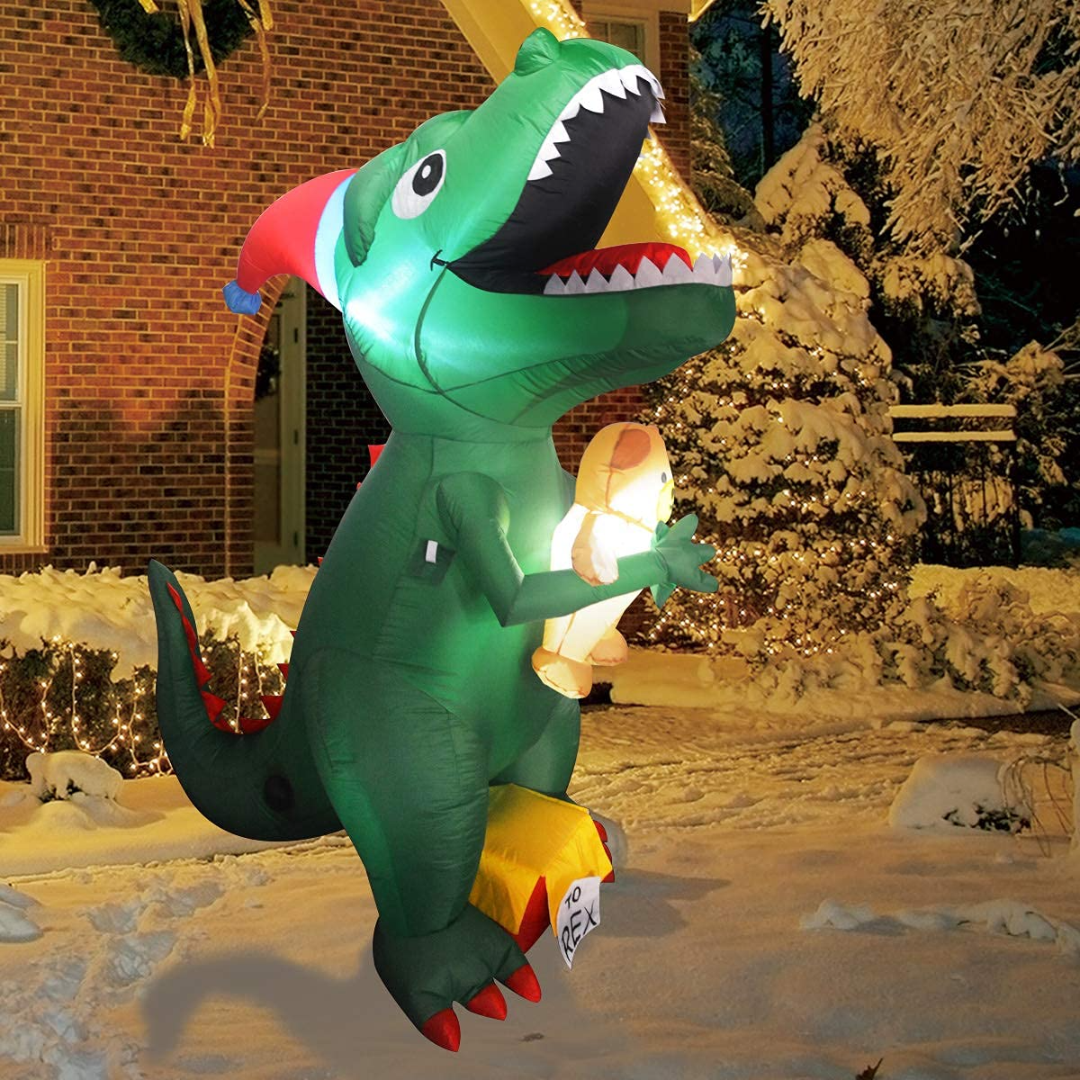 GOOSH 7Ft High Christmas Inflatable Dinosaur with Build-in LED Light Blow up Yard Decoration, Indoor Outdoor Party Garden Christmas Decoration.