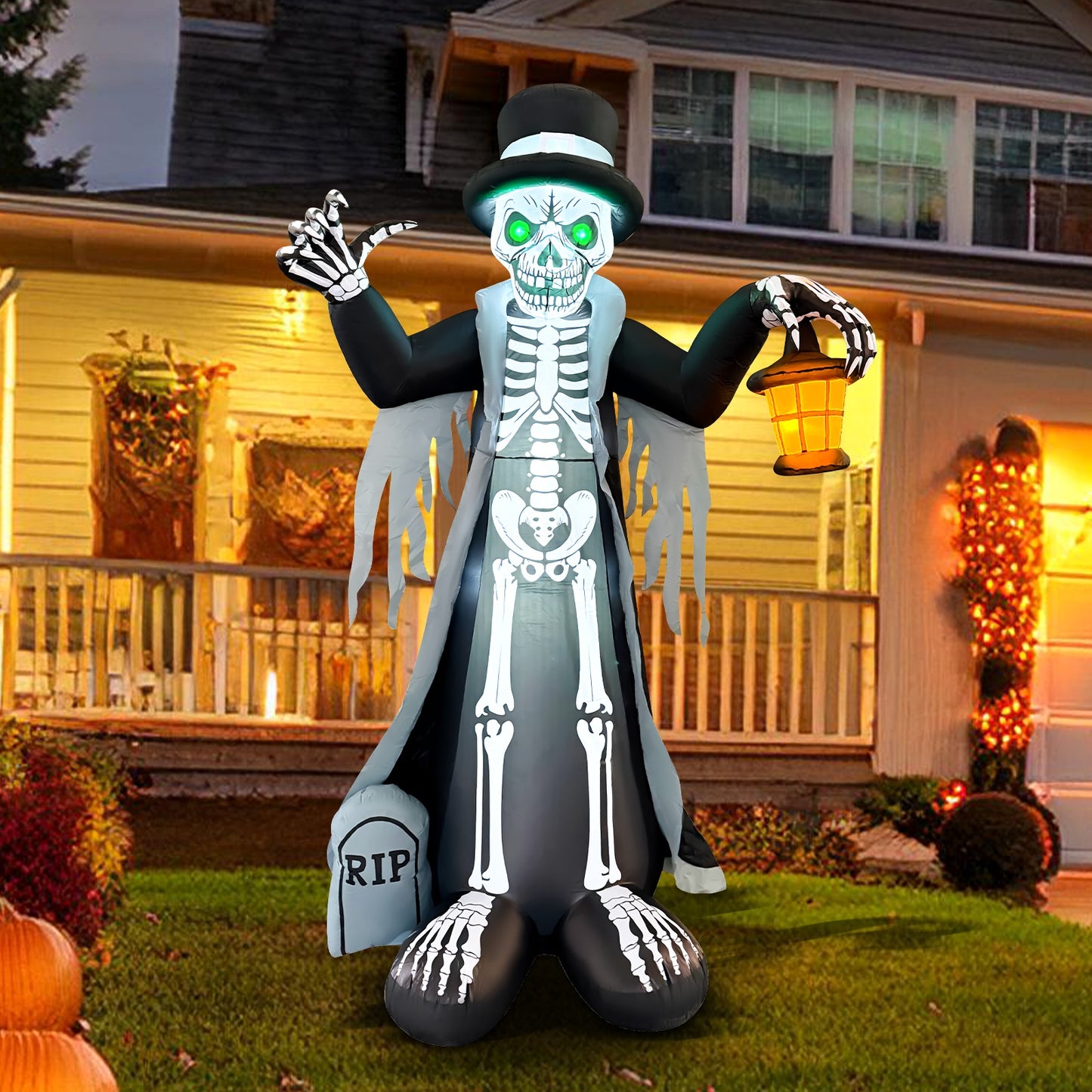 GOOSH 8.2ft Light-Up Inflatable Skeleton with Top Hat and Lantern Halloween Yard Decoration