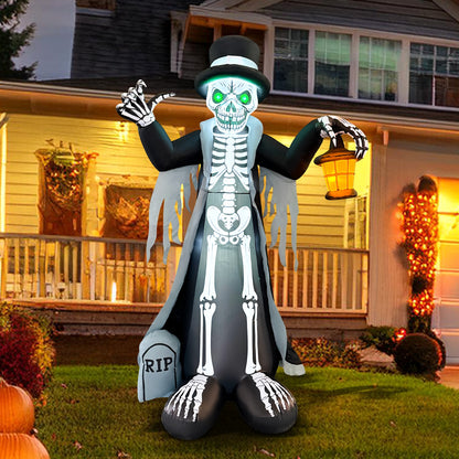 GOOSH 8.2ft Light-Up Inflatable Skeleton with Top Hat and Lantern Halloween Yard Decoration