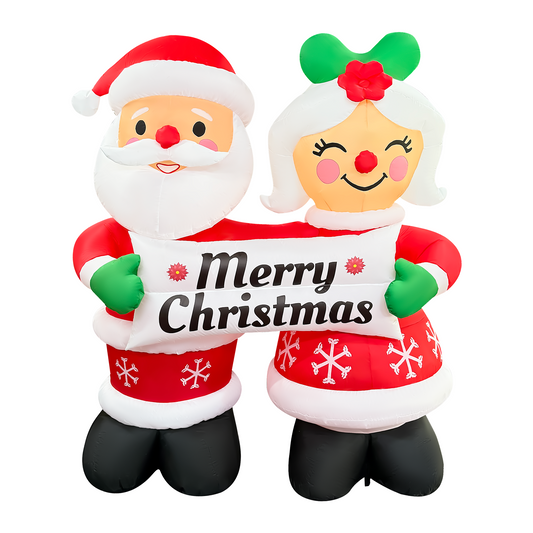 GOOSH 7FT Santa and Mrs. Claus Christmas Inflatable Holding “Happy Holidays” Sign with LED Lights