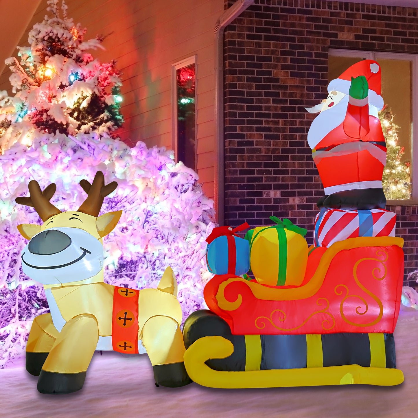 GOOSHY BROTHERS 6.7ft Christmas Inflatables Santa Claus on Sleigh with Reindeer Christmas Built-in LED Lights