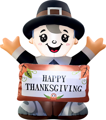 GOOSH 5FT Thanksgiving Pilgrim Boy Inflatable with Sign and LED Lights