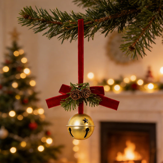 FUTURE HOME Christmas Bell Hanging Ornamentsl for Christmas tree Christmas Jingle Bells with Pine Cone and Needle Decorations,  Hanging Tree Topper with Bows for Door Handle, Cabinet Knob, Party Decor for Christmas Tree Door Fireplace Home Decoration