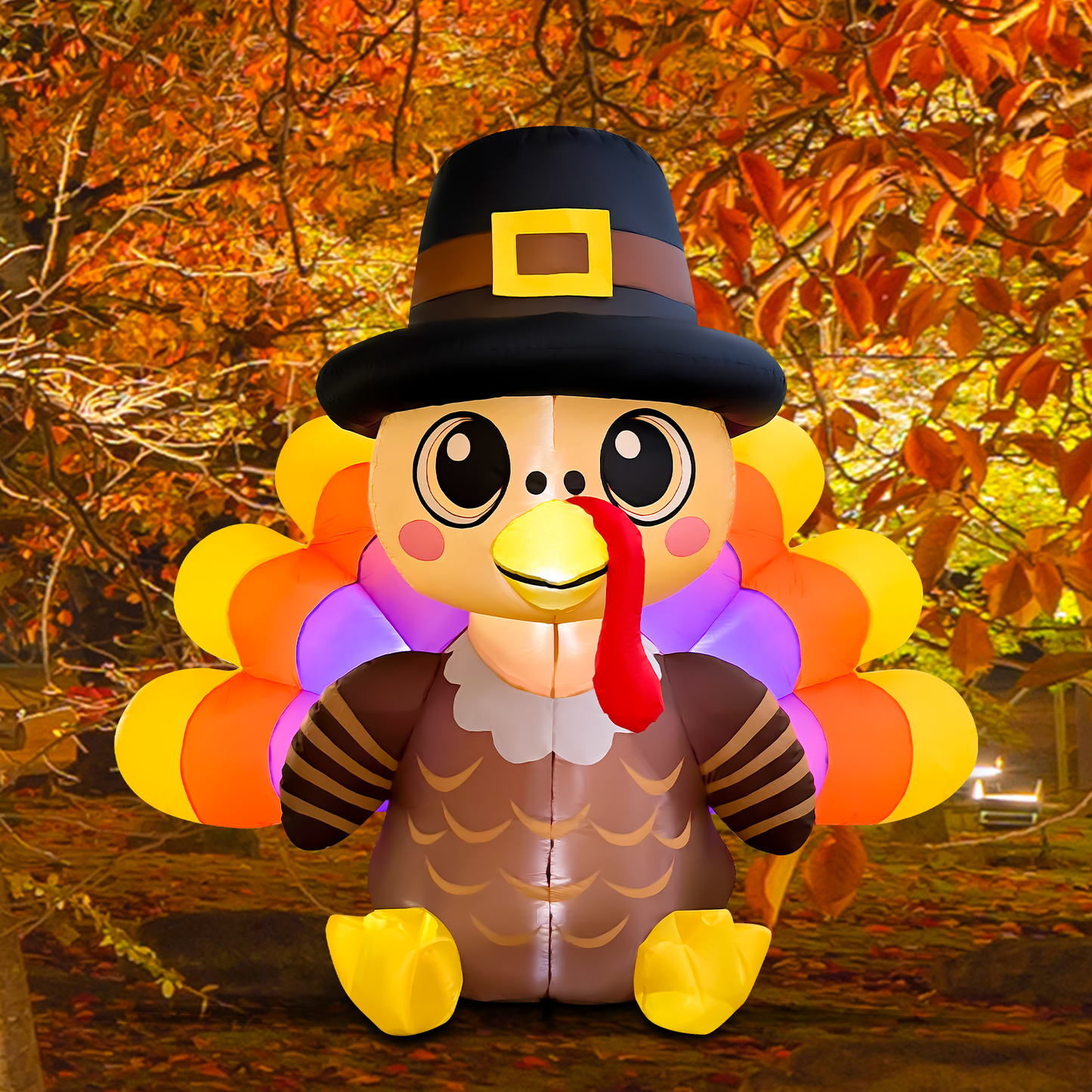 GOOSH 6FT Turkey Thanksgiving Inflatable with Pilgrim Hat and LED Lights