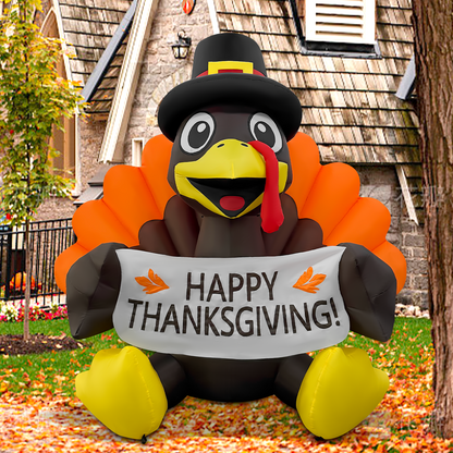 GOOSH 6FT Thanksgiving Turkey Inflatable with Banner, Pilgrim Hat, and LED Lights