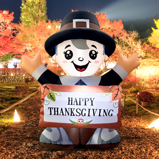 GOOSH 5FT Thanksgiving Pilgrim Boy Inflatable with Sign and LED Lights