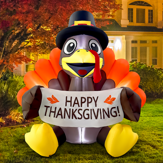 GOOSH 6FT Thanksgiving Turkey Inflatable with Banner, Pilgrim Hat, and LED Lights