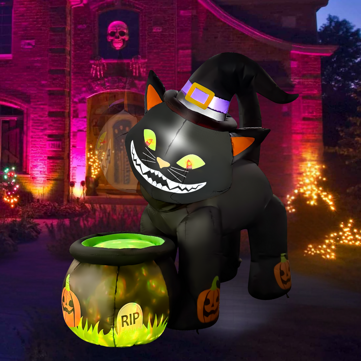 GOOSH 5.2FT Animated Inflatable Black Cat with Witch Hat and Cauldron – Halloween Yard Decoration