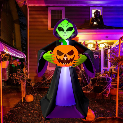 GOOSH 8FT Inflatable Alien Holding Pumpkin – Light-Up Halloween Yard Decoration