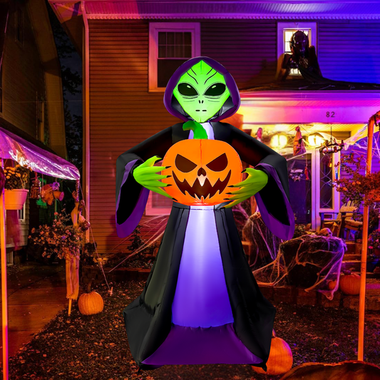 GOOSH 8FT Inflatable Alien Holding Pumpkin – Light-Up Halloween Yard Decoration