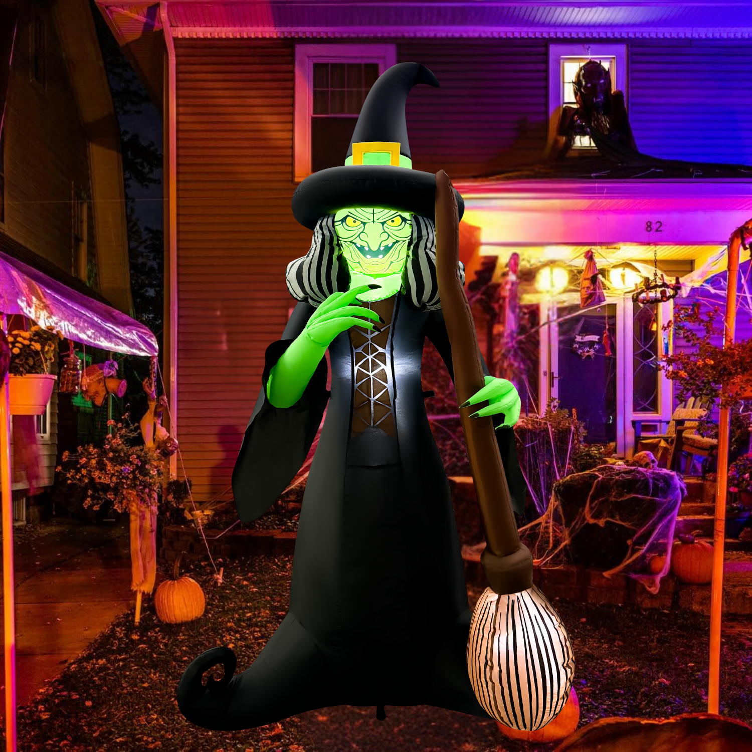 GOOSH 6FT Inflatable Witch with Broom – Light-Up Halloween Yard Decora