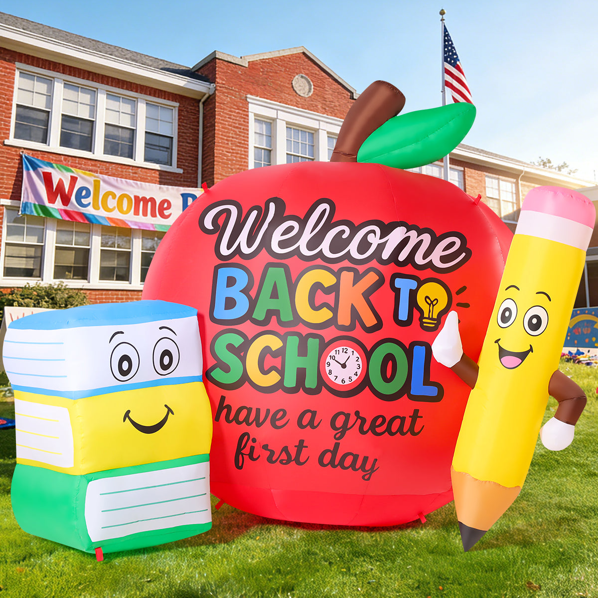 GOOSHY BROTHERS 6.7 FT Back to School Inflatable Decorations Outdoor Inflatable Toys Showing Apple Books and Pencil Book Blow up Yard Decor with LED Lights